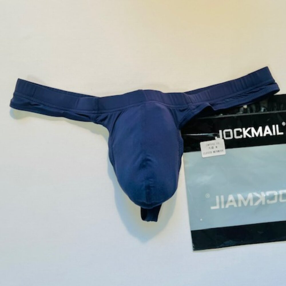 JOCKMAIL  Waist 28-31"s Nylon Blend Semi Sheer T-Back Thong - Navy Blue - Pouch